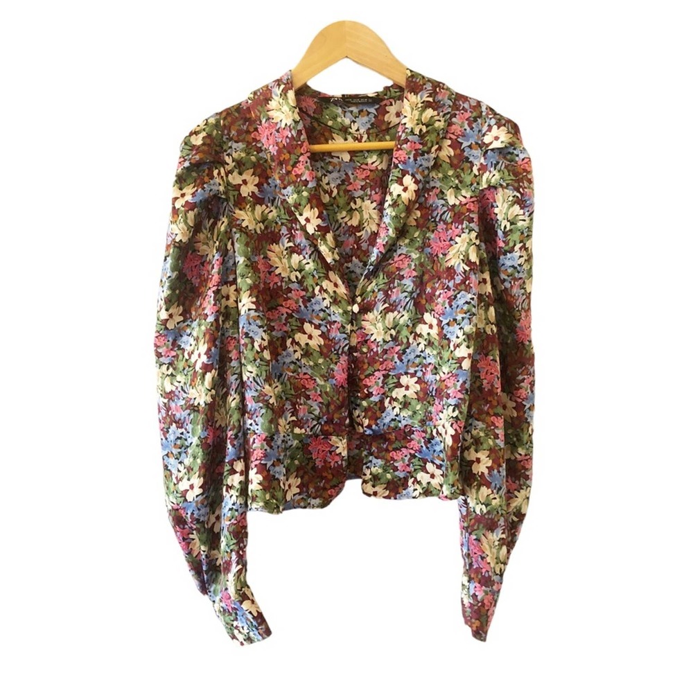 Zara Floral Puff Sleeve Button Up Blouse XS